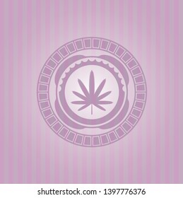 weed leaf icon inside pink emblem. Vintage.