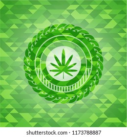 weed leaf icon inside realistic green emblem. Mosaic background