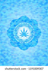weed leaf icon inside realistic light blue emblem. Mosaic background
