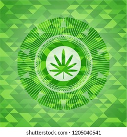 weed leaf icon inside realistic green emblem. Mosaic background