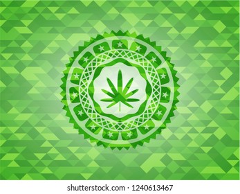 weed leaf icon inside realistic green mosaic emblem
