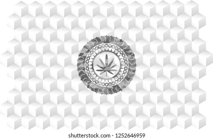 weed leaf icon inside realistic grey emblem with geometric cube white background