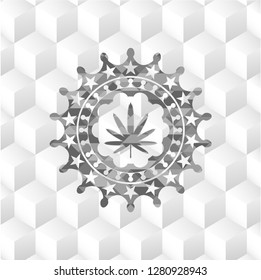 weed leaf icon inside realistic grey emblem with geometric cube white background