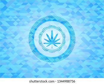 weed leaf icon inside realistic sky blue emblem. Mosaic background