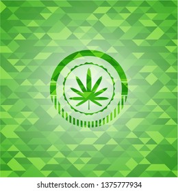 weed leaf icon inside realistic green emblem. Mosaic background