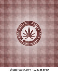 weed leaf icon inside red seamless emblem or badge with geometric pattern background.