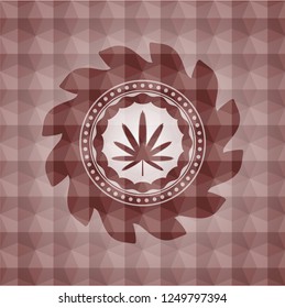 weed leaf icon inside red geometric badge. Seamless.