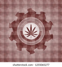weed leaf icon inside red seamless geometric pattern emblem. Seamless.