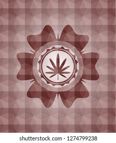 weed leaf icon inside red seamless emblem with geometric pattern background.