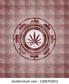 weed leaf icon inside red seamless emblem with geometric pattern.