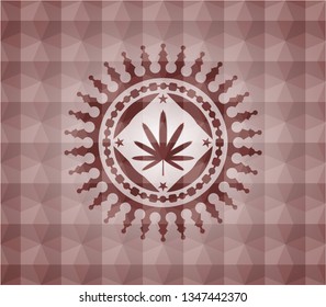 weed leaf icon inside red seamless polygonal badge.