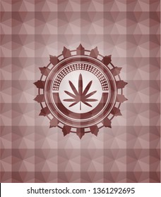weed leaf icon inside red badge with geometric pattern. Seamless.