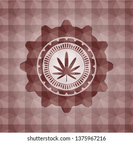 weed leaf icon inside red emblem with geometric background. Seamless.
