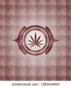 weed leaf icon inside red emblem with geometric pattern background. Seamless.