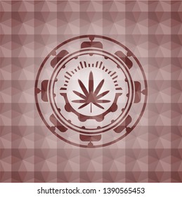 weed leaf icon inside red seamless geometric badge.