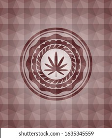 weed leaf icon inside red seamless badge with geometric background.