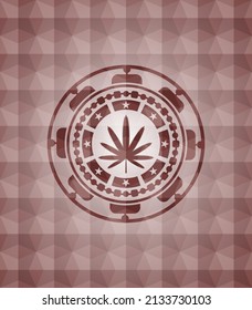 weed leaf icon inside red seamless emblem with geometric pattern background. 