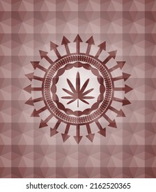 weed leaf icon inside red seamless badge with geometric pattern. 