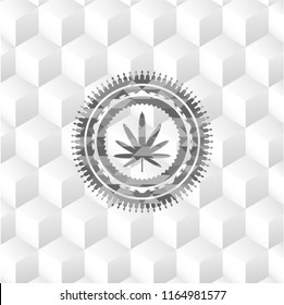 weed leaf icon inside retro style grey emblem with geometric cube white background