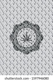 weed leaf icon inside shiny silver badge. Scales pattern. Vector Illustration. Detailed.