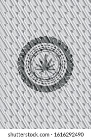 weed leaf icon inside silver emblem or badge. Scales pattern. Vector Illustration. Detailed.