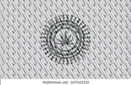 weed leaf icon inside silver emblem or badge. Scales pattern. Vector Illustration. Detailed.