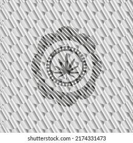 Unkrautblattsymbol innerhalb eines silberfarbenen Badges. Skaliert Muster. Vektorgrafik. Detaillierte Angaben. 