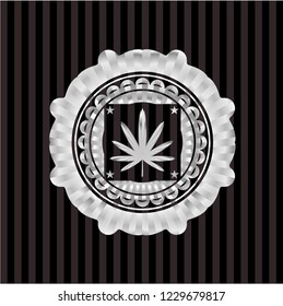 weed leaf icon inside silvery emblem or badge