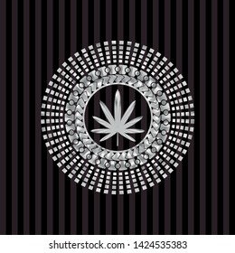 weed leaf icon inside silvery badge or emblem