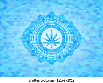 weed leaf icon inside sky blue emblem with triangle mosaic background