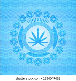 weed leaf icon inside sky blue water wave badge.
