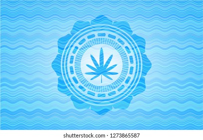 weed leaf icon inside sky blue water wave emblem.