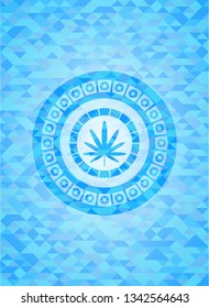 weed leaf icon inside sky blue emblem with mosaic background