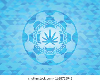weed leaf icon inside sky blue mosaic emblem