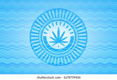 weed leaf icon inside sky blue water style emblem.