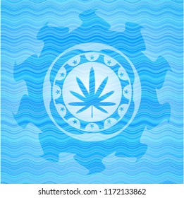 weed leaf icon inside water wave concept badge background.