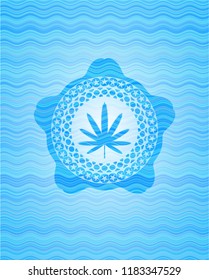 weed leaf icon inside water representation emblem background.