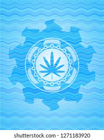 weed leaf icon inside water wave style emblem.