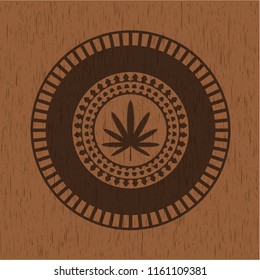 weed leaf icon inside wood emblem. Retro