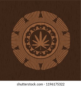 weed leaf icon inside wood emblem. Retro