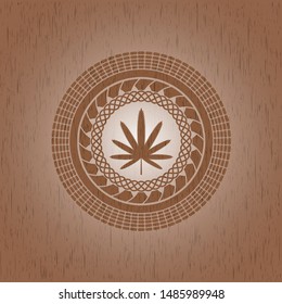 weed leaf icon inside wood emblem. Vintage.