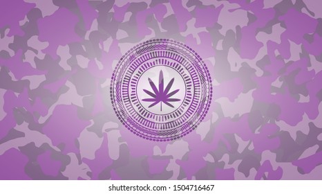 weed leaf icon on pink and purple camouflaged pattern