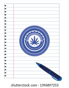 weed leaf icon pen draw. Blue ink. Vector Illustration. Detailed.