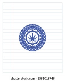 weed leaf icon pen draw. Blue ink. Vector Illustration. Detailed.