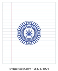 weed leaf icon pen strokes emblem. Blue ink. Vector Illustration. Detailed.