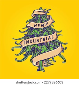 Weed leaf plant hemp industrial with swirl ribbon banner ornament logo cartoon illustrations vector for your work logo, merchandise t-shirt, stickers and label designs, poster, greeting cards 