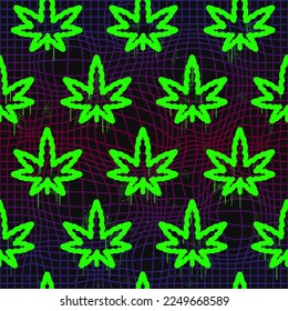 Weed leaf and warp grid seamless pattern. Vector wallpaper illustration