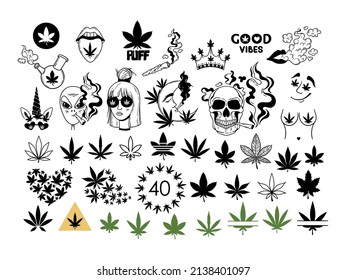 Weed Leaves Hand Drawn Cliparts Bundle, Cannabis Pot Leaf Isolated Items On White, Marijuana Good Vibes Printable Images Set, Smoking Girl And Skull