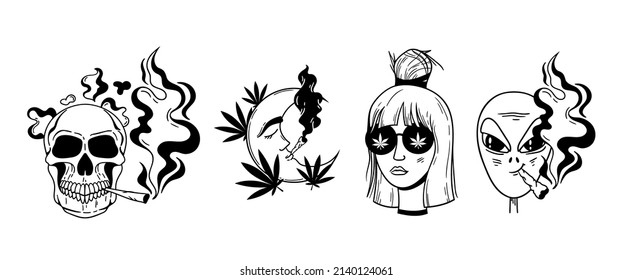 Weed Leaves Hand Drawn Cliparts Bundle, Cannabis Pot Leaf Isolated Items On White, Marijuana Good Vibes Printable Images Set, Smoking Girl And Skull, Vector