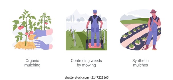 Weed management isolated cartoon vector illustrations set. Organic mulching, controlling weeds by mowing, synthetic mulches in organic farming industry, soil protection vector cartoon.